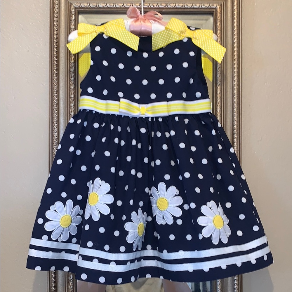 Blueberi Boulevard Polka Dot Daisy Dress EUC 18M Navy & Yellow